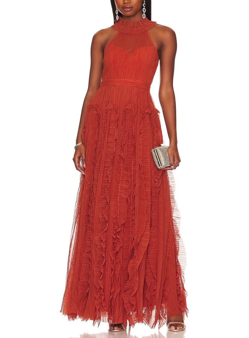 Bcbgmaxazria Pleated Cinnamon Stick Halter Ruffle Gown Size 0